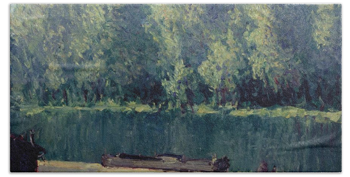 Background Bath Towel featuring the painting Banks of the Loing, 1891 by Alfred Sisley by MotionAge Designs