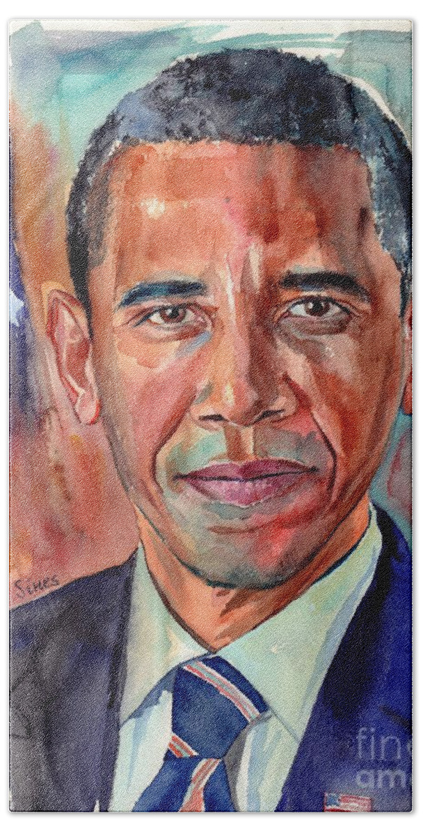 Barack Obama Hand Towel featuring the painting Barack Obama by Suzann Sines