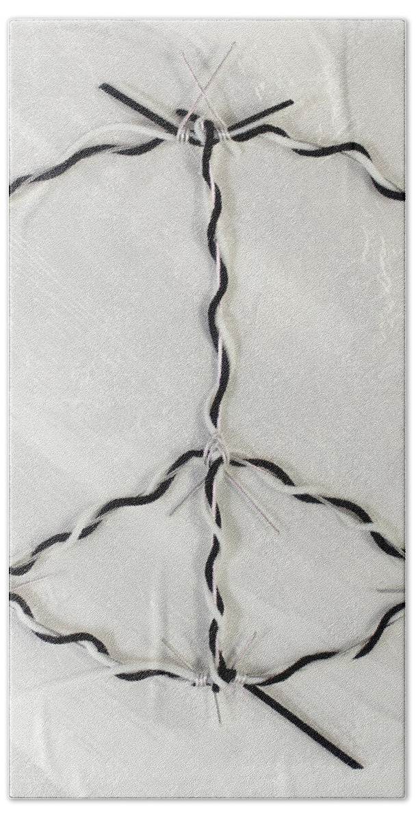 Peace Bath Towel featuring the painting Barbed Peace-Black White Silver by Tamara Nelson