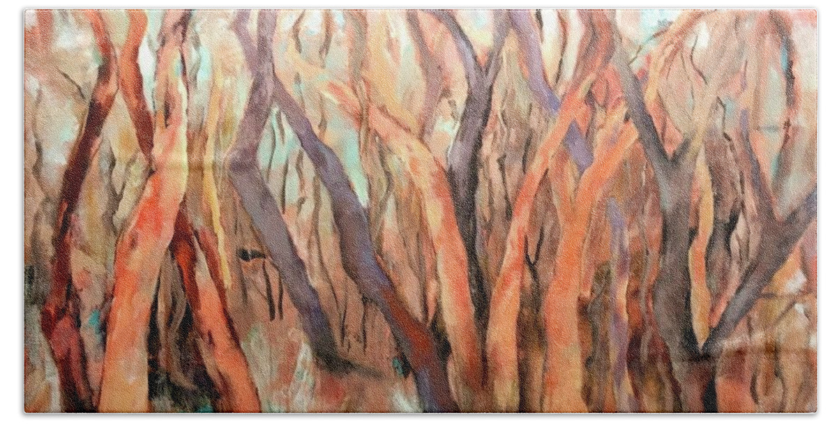 Acrylic Painting Bath Towel featuring the painting Bare Limbs and Trunks by Chris Hobel