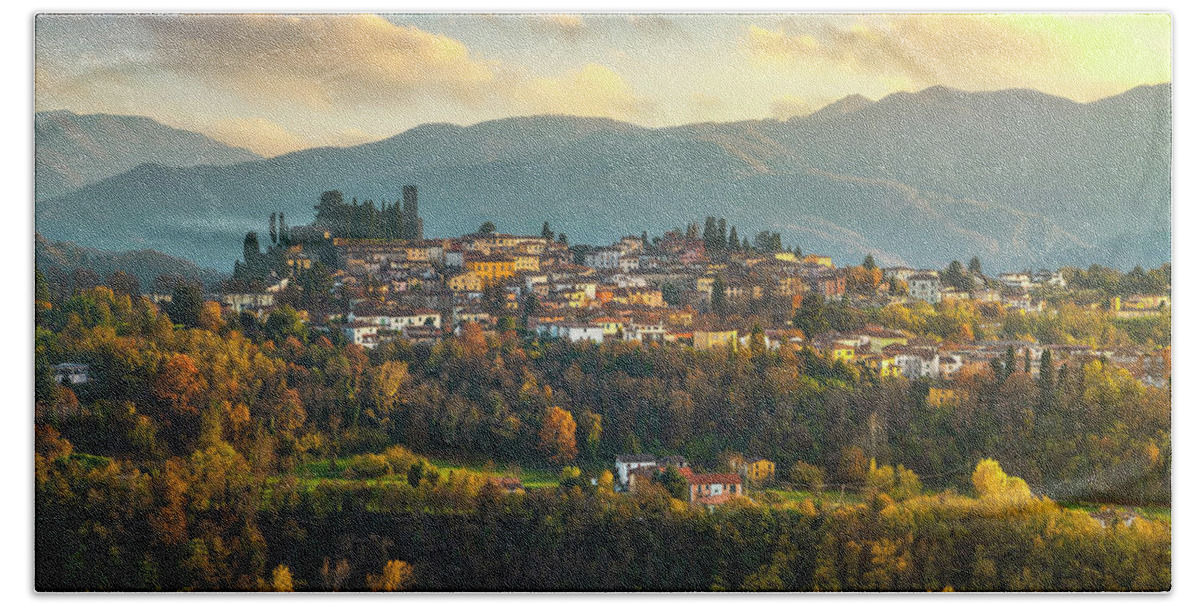 Barga Bath Towel featuring the photograph Barga village in autumn. Garfagnana, Tuscany by Stefano Orazzini