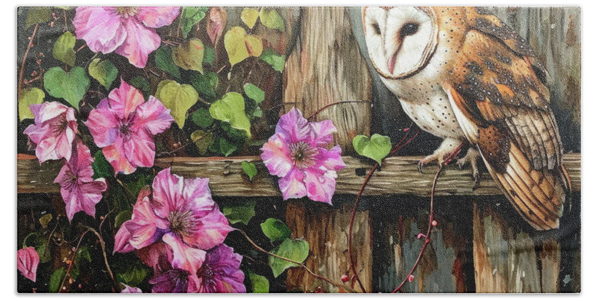 Barn Owl Bath Towel featuring the painting Barn Owl In Spring by Tina LeCour