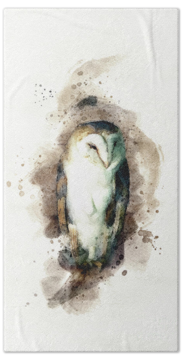 Barn Owl Bath Towel featuring the photograph Barn owl perched on a branch in an old barn. Digital watercolour painting on white. by Jane Rix