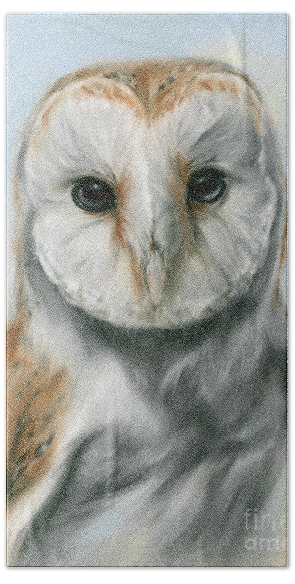 Bird Bath Towel featuring the painting Barn Owl Perceptive Gaze by MM Anderson