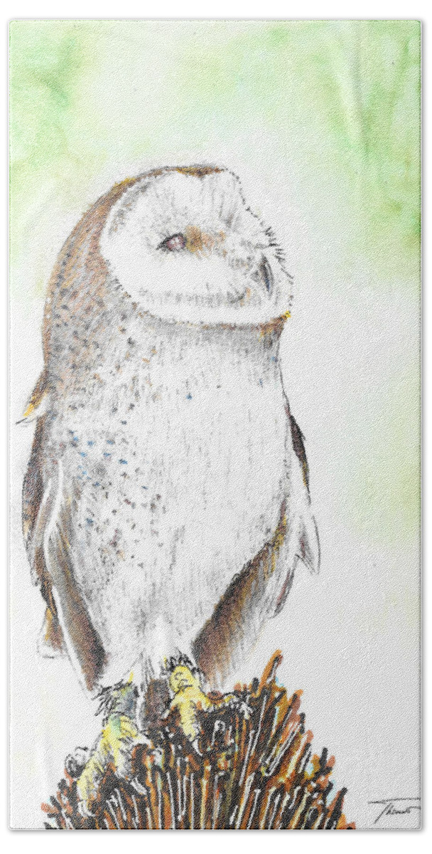Barn Owl Bath Towel featuring the painting Barn Owl by Thomas Hamm
