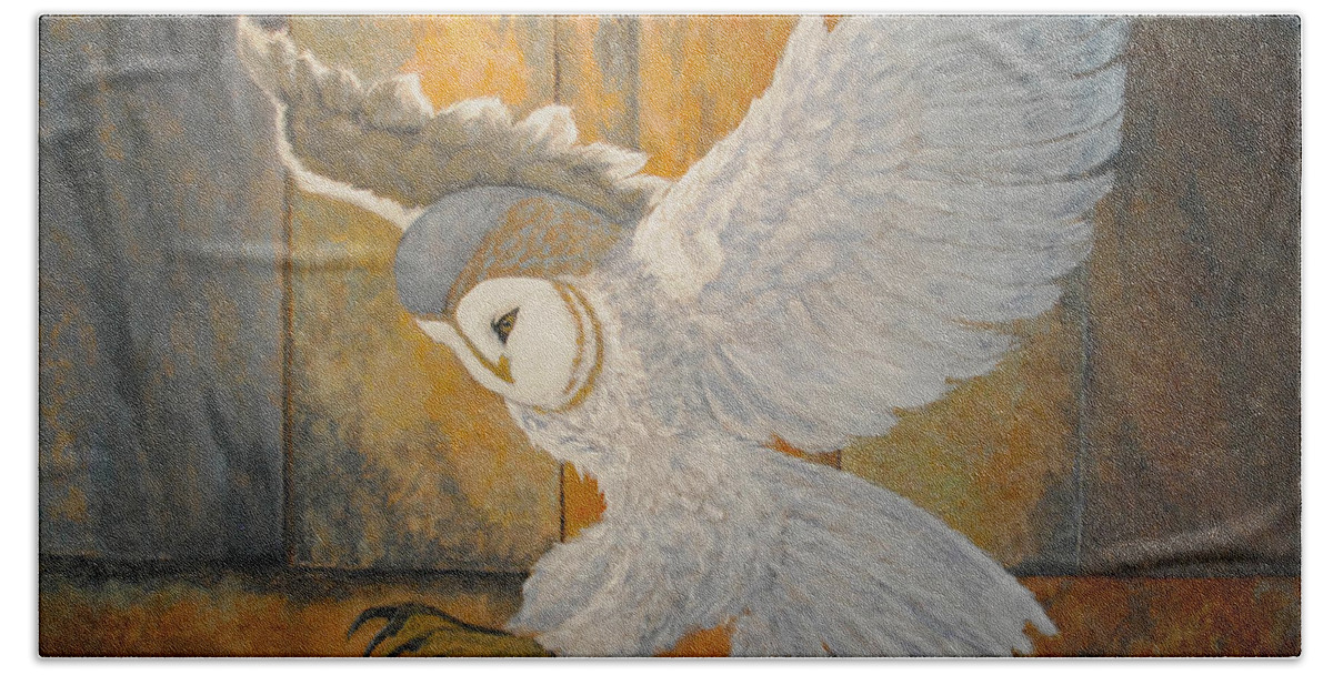 Nature Hand Towel featuring the painting Barn Owl by Vallee Johnson