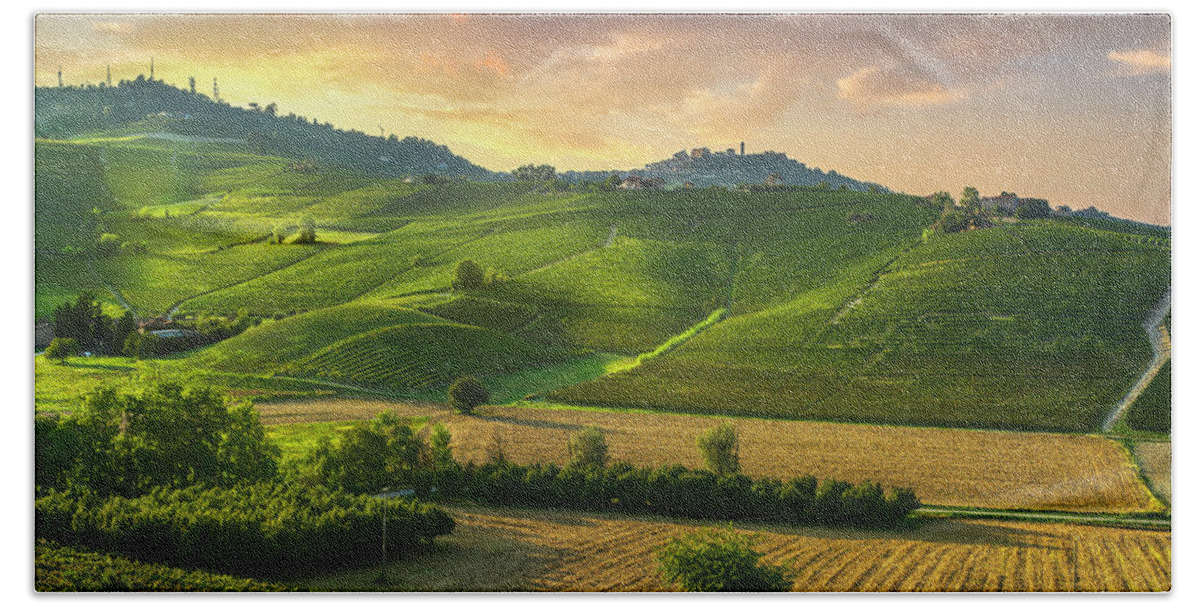 Vineyards Bath Towel featuring the photograph Barolo wine vineyards and La Morra town. Langhe, Italy by Stefano Orazzini
