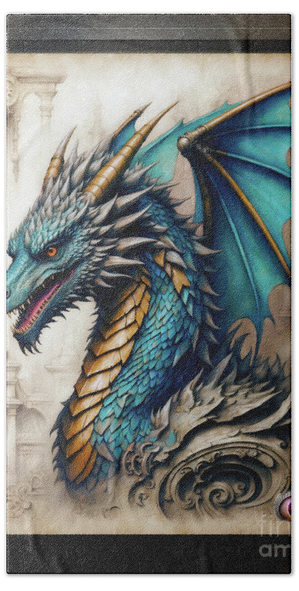 Baroque Architecture Bath Towel featuring the digital art Baroque Mythical Gothic Dragon Of Lore AI Concept Art by Xzendor7 by Xzendor7