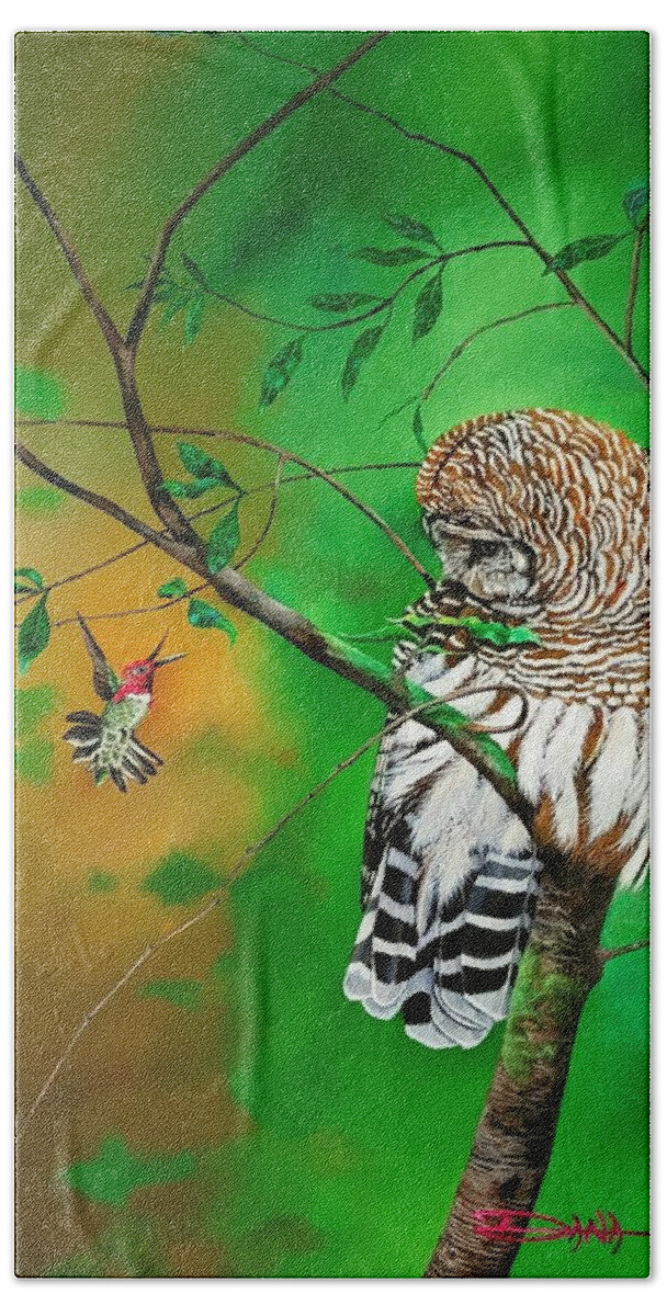 Birds Bath Towel featuring the painting Barred Owl and Anna's hummingbird by Dana Newman