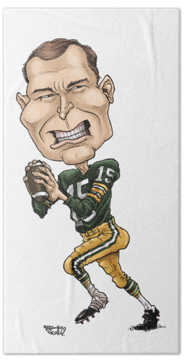 Mikescott Bath Towel featuring the drawing Bart Starr, 1966 in color by Mike Scott