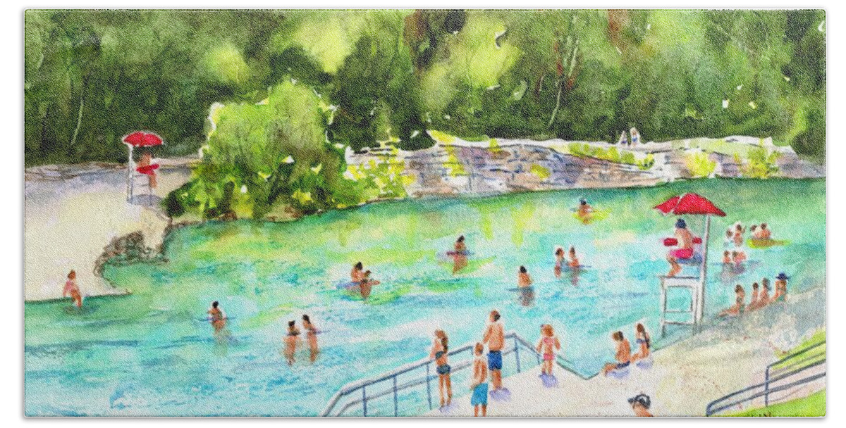 Barton Springs Hand Towel featuring the painting Barton Springs Pool by Carlin Blahnik CarlinArtWatercolor