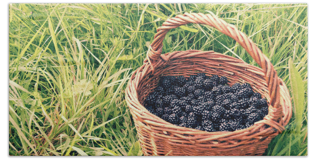 Blackberries Hand Towel featuring the photograph Basket of blackberries by Delphimages Photo Creations