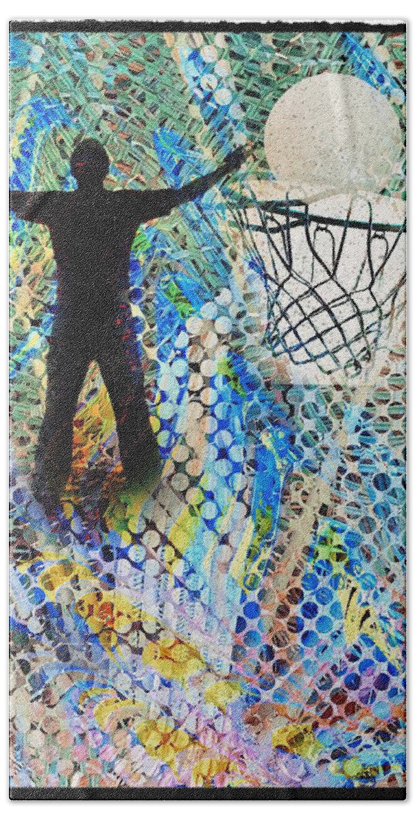 Basketball Silhouette Man Ball White Basket Circles Photograph Iphone Ipad-air Sandiego California Green Blue Black Orange Purple Pink White Grey Abstract Ropes Bath Towel featuring the digital art Basketball Abstract by Kathleen Boyles