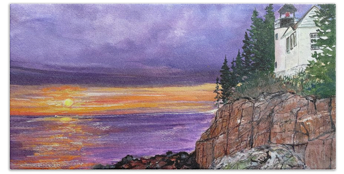 Acadia National Park Hand Towel featuring the painting Bass Harbor Head Light Lighthouse, Tremont Maine by Kellie Chasse