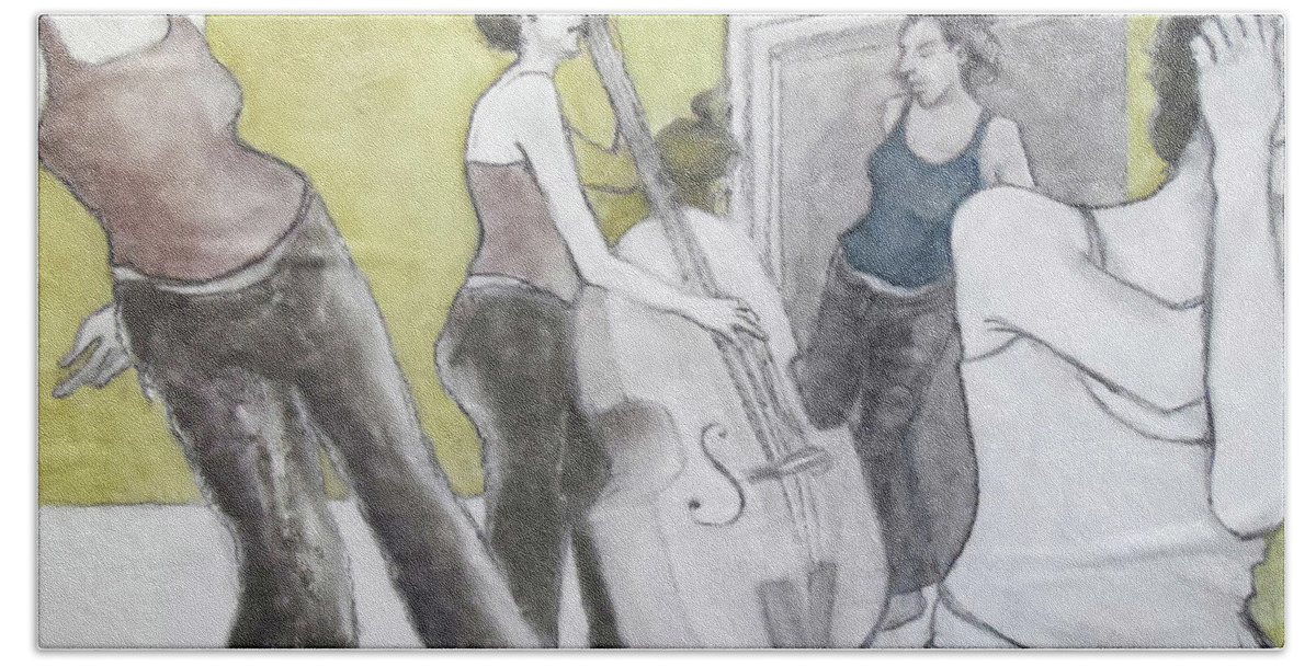 Life Drawing Hand Towel featuring the mixed media Bass Note by PJ Kirk