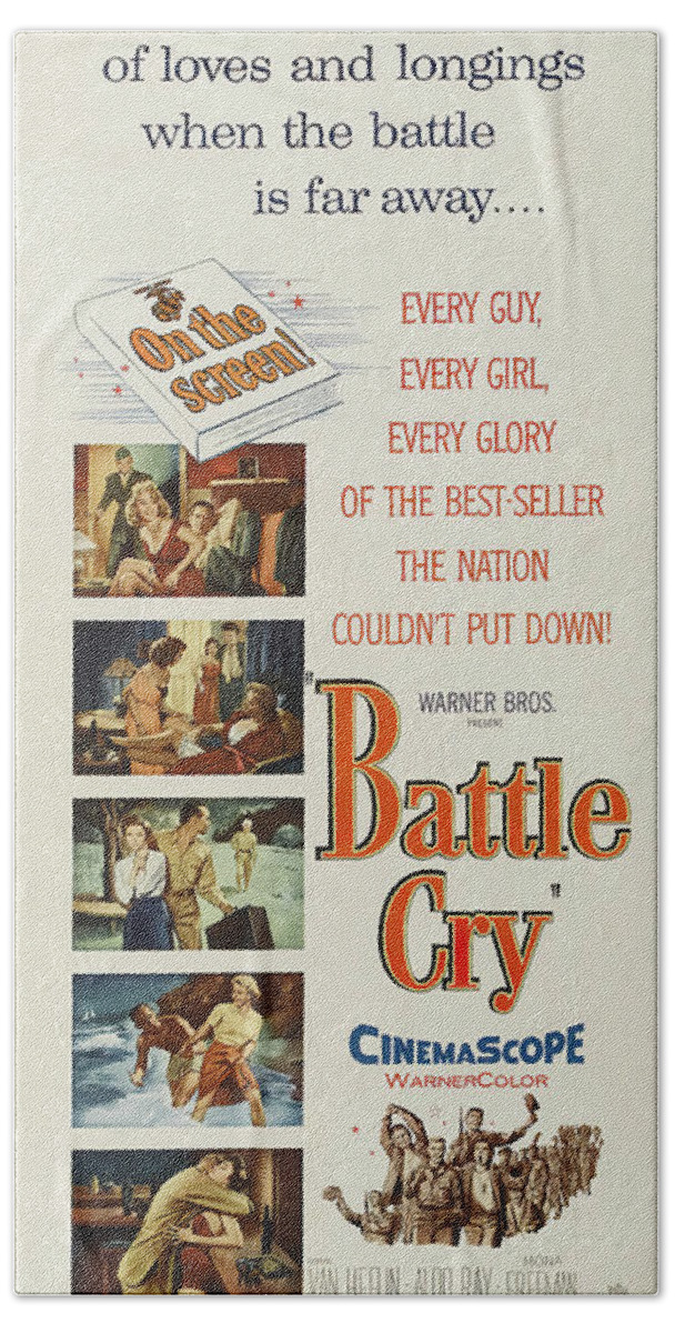 Battle Hand Towel featuring the mixed media ''Battle Cry'', with Van Heflin and Aldo Ray, 1955 by Movie World Posters