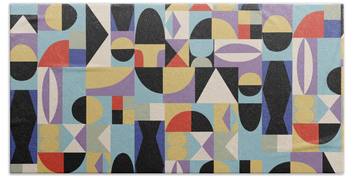 Nikita Coulombe Hand Towel featuring the painting Bauhaus Geometric Harlequin Pattern in blue by Nikita Coulombe