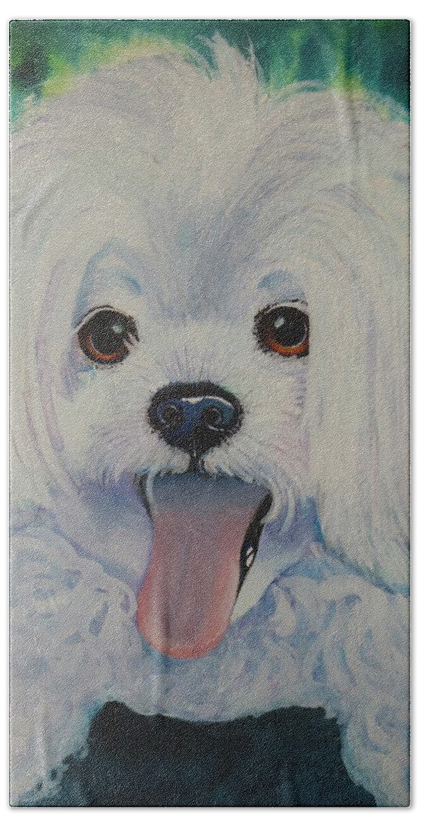 Little White Dog Peekapoo Toy Dog Bichon Frise Poodle Small Dog Corkscrew Curls Canine Lap Dog Little Dog Puppy Watercolor Pet Animal White Dog Toy Poodle Purebred Purebred Dog Bath Towel featuring the painting Baxter by Dale Bernard
