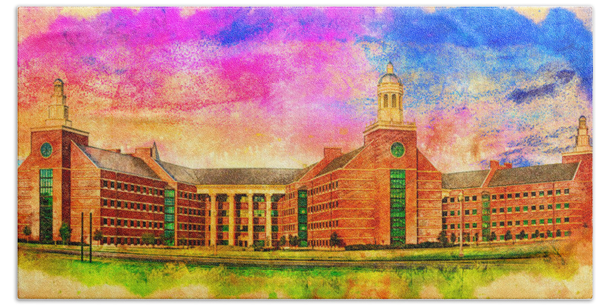 Baylor Science Building Bath Towel featuring the digital art Baylor Science Building of the Baylor University in Waco, Texas - digital painting by Nicko Prints