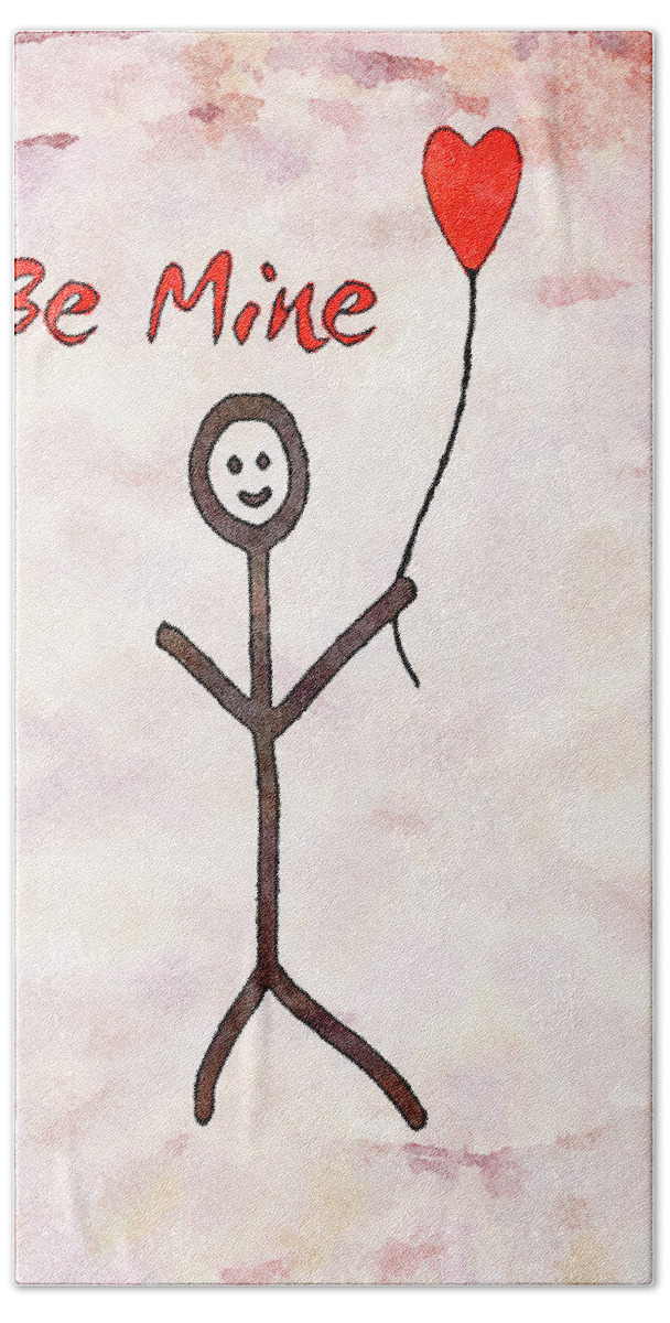 Naive Bath Towel featuring the mixed media Be Mine- Naive Valentine Stick Man with Red Heart Balloon by Shelli Fitzpatrick