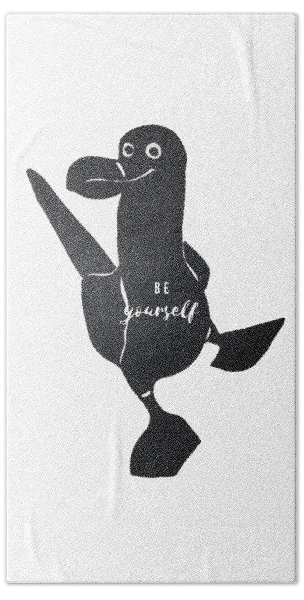 Black And White Hand Towel featuring the painting Be Yourself Screen-Printed Blue-Footed Booby Bird by Christie Olstad
