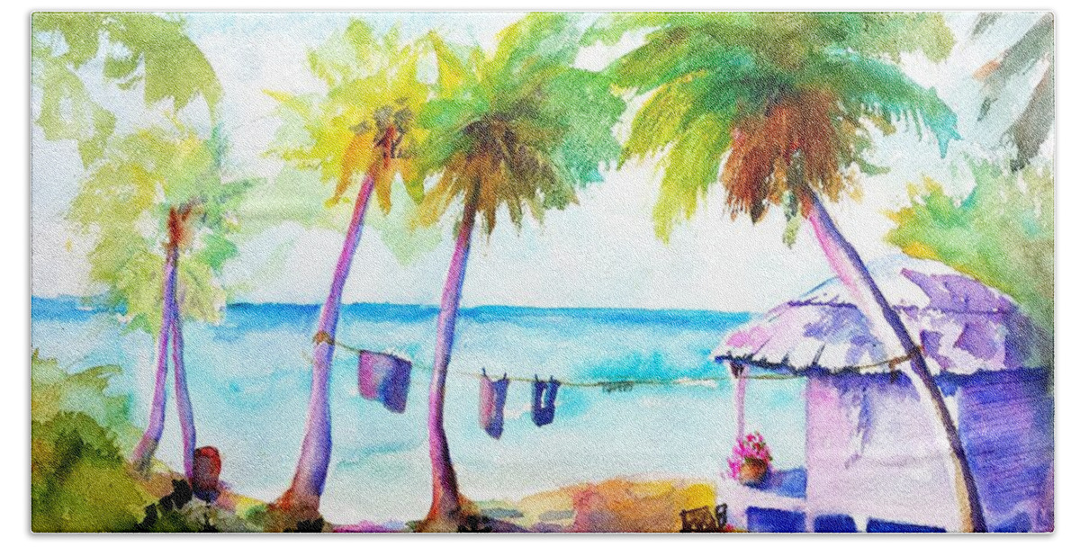 Troical Hand Towel featuring the painting Beach House Tropical Paradise by Carlin Blahnik CarlinArtWatercolor