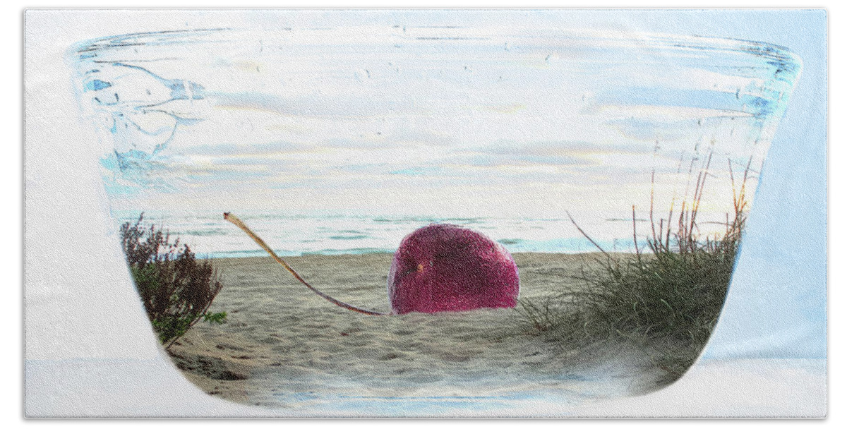 Cherry On The Beach Bath Towel featuring the photograph Beach in a bowl by Sharon Popek