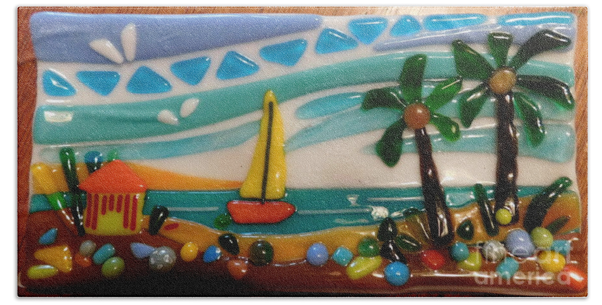 This Small Fused Glass Sushi Tray Is The Perfect Place To Park Your Phone Bath Towel featuring the glass art Beach Life by Joan Clear
