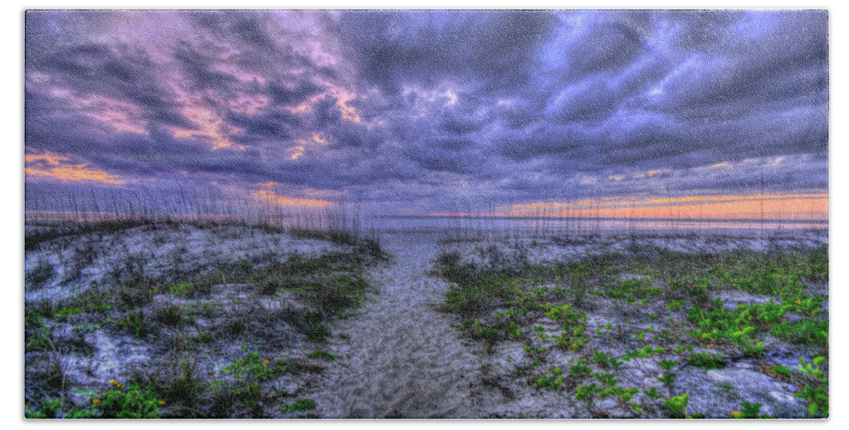 Beach Bath Towel featuring the photograph Beach Pathway at Sunset by Carolyn Hutchins