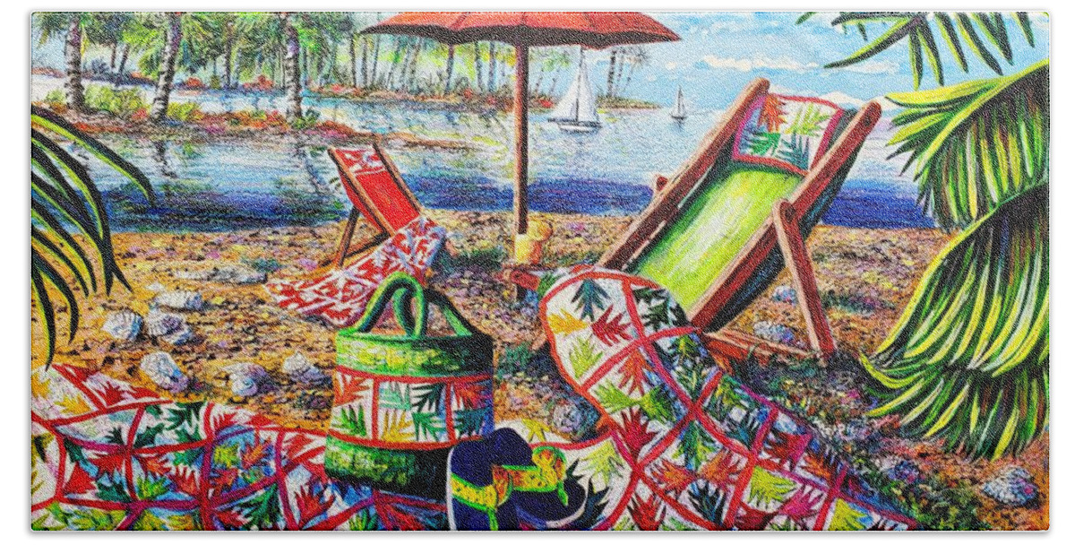 Palm Quilt At The Beach Bath Towel featuring the painting Beach Retreat by Diane Phalen
