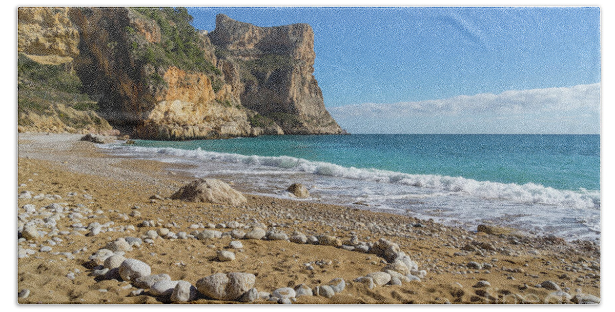 Beach Hand Towel featuring the photograph Beach, Sun and Mediterranean Sea - Cala Moraig 1 by Adriana Mueller