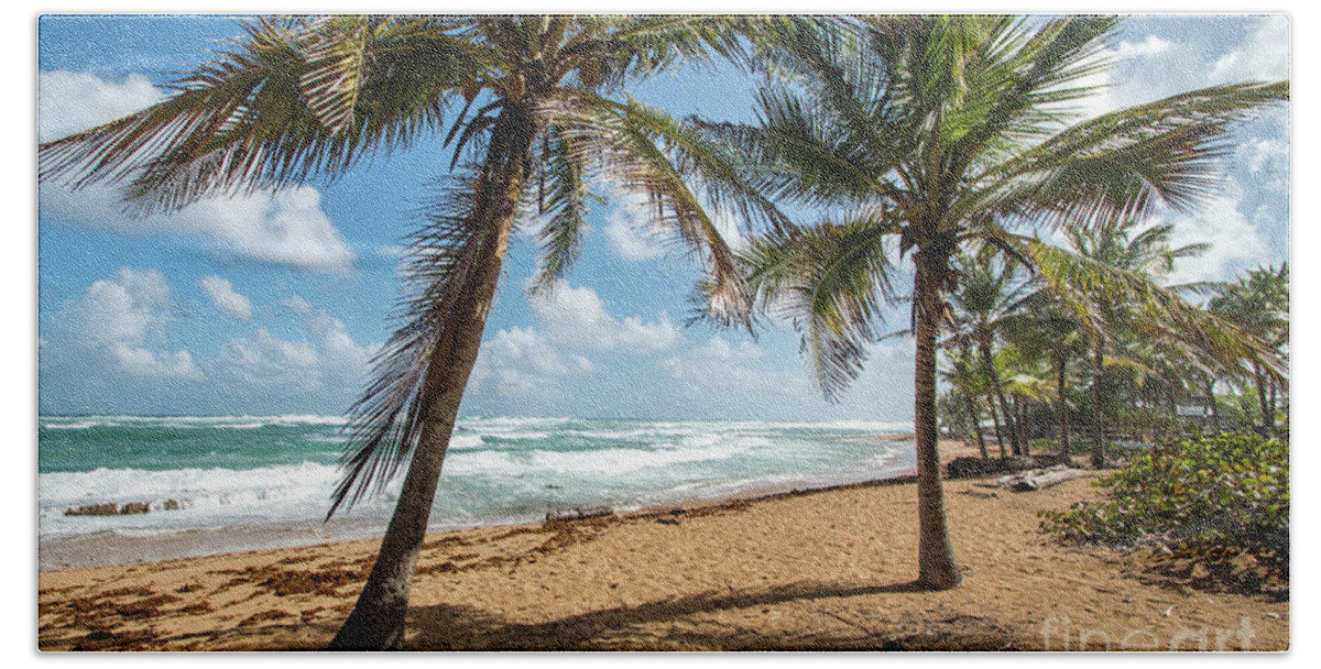 Piñones Hand Towel featuring the photograph Beach Waves and Palm Trees, Pinones, Puerto Rico by Beachtown Views