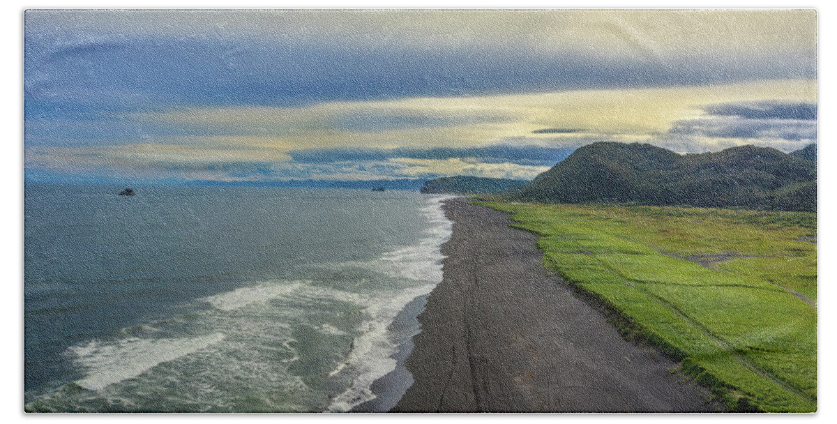 Beach Hand Towel featuring the photograph Beach with black sand on Kamchatka by Mikhail Kokhanchikov