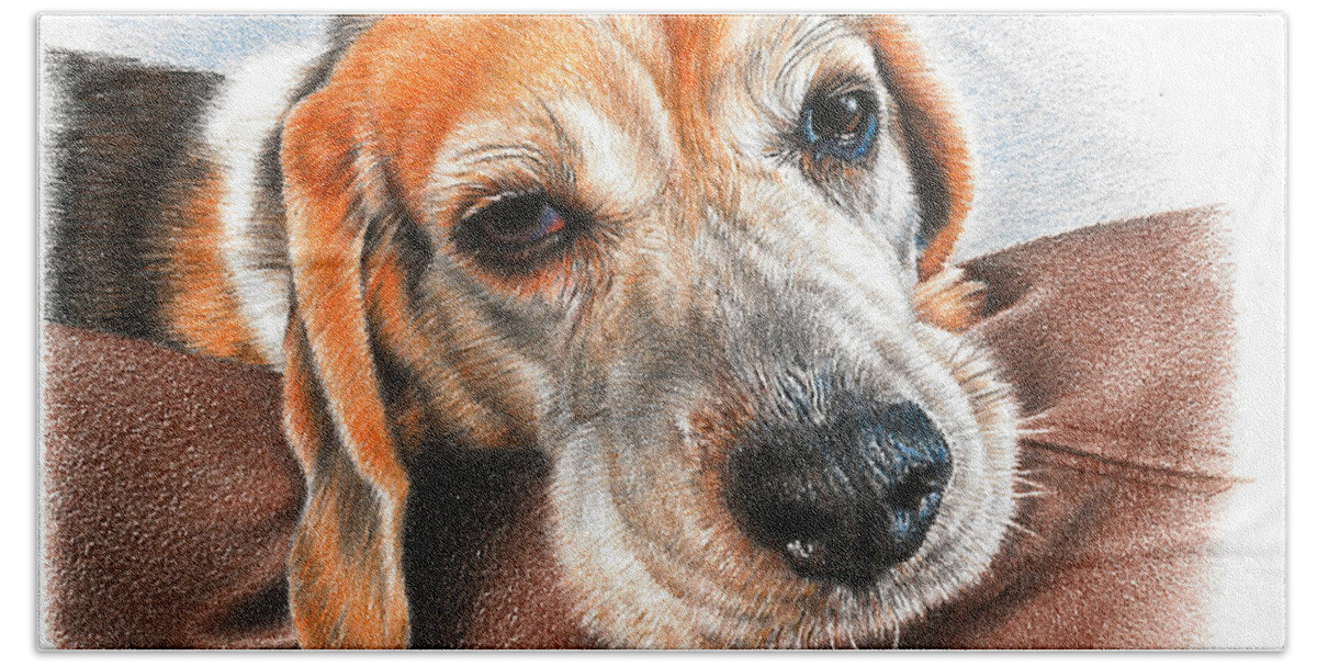 Dog Hand Towel featuring the drawing Beagle Love by Casey 'Remrov' Vormer