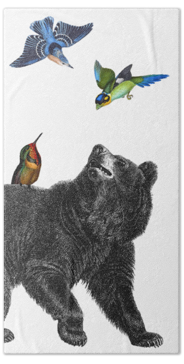 Bear Hand Towel featuring the digital art Bear with birds antique illustration by Madame Memento