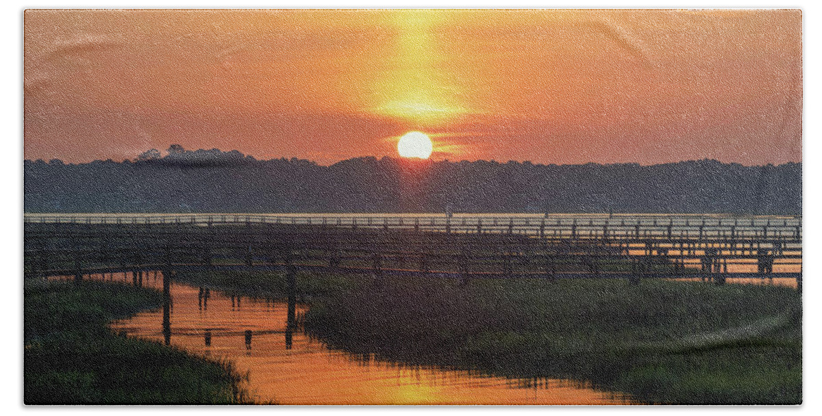 Beaufort Bath Towel featuring the photograph Beaufort South Carolina Sunrise Over the Marshland and Docks by Kim Seng