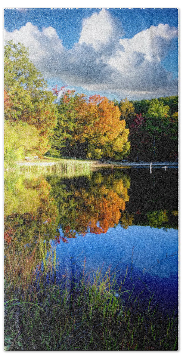 Benton Bath Towel featuring the photograph Beautiful Autumn Lake Reflections Smoky Mountains by Debra and Dave Vanderlaan