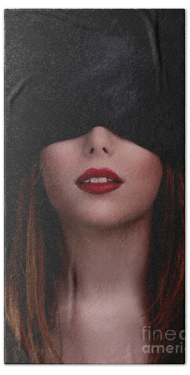 Woman Hand Towel featuring the photograph Beautiful blindfolded woman with red lipstick by Mendelex Photography