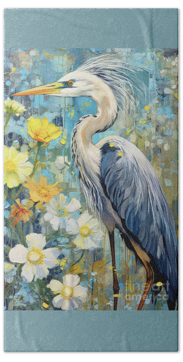 Blue Heron Bath Towel featuring the painting Beautiful Blue Heron by Tina LeCour
