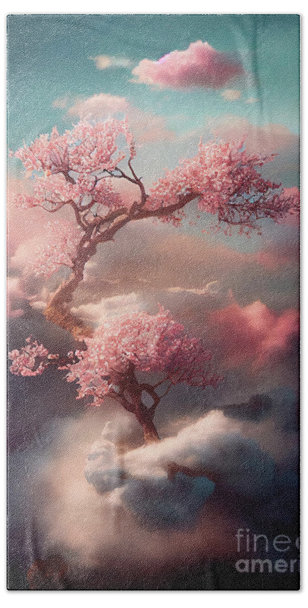Cherry Bath Towel featuring the digital art Beautiful dreamy cherry blossom tree from heavenly clouds. Abstr by Jelena Jovanovic