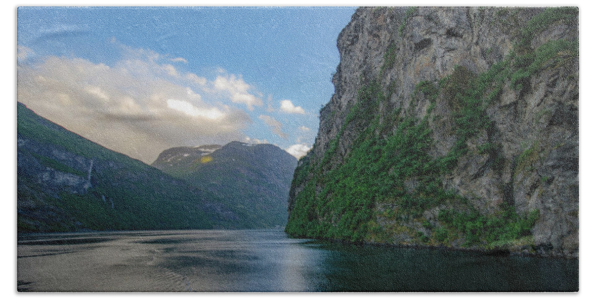 Fjord Hand Towel featuring the photograph Beautiful Geiranger Fjord in Norway by Matthew DeGrushe
