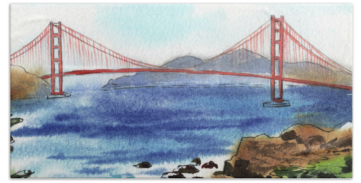 Bridge Bath Towel featuring the painting Beautiful Golden Gate Bridge San Francisco Bay Watercolor by Irina Sztukowski