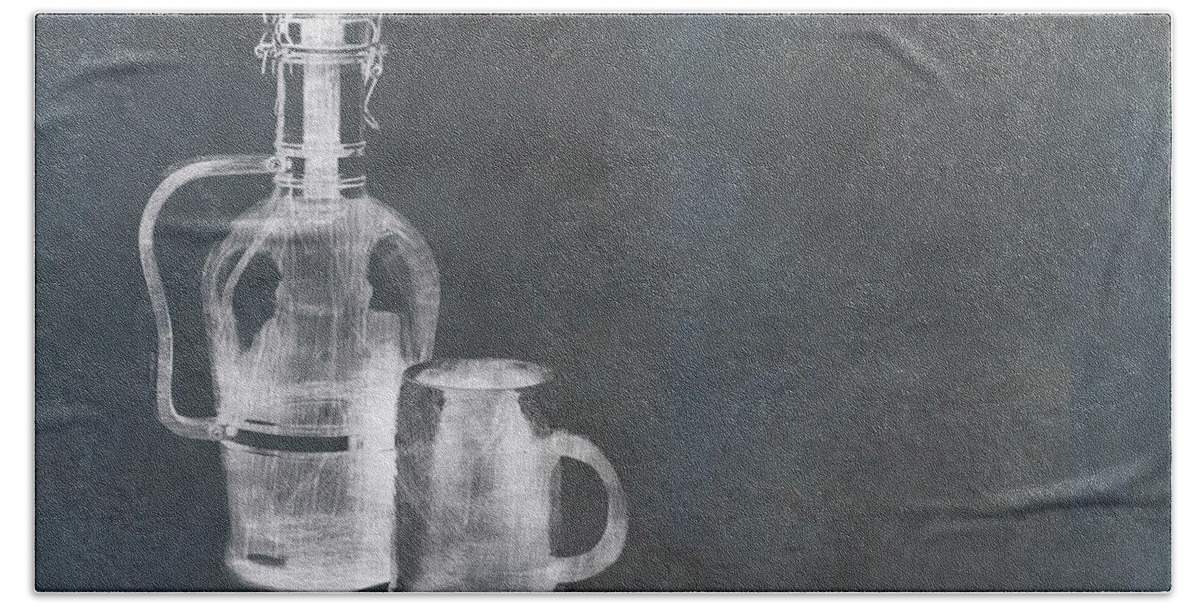 Slate Bath Towel featuring the photograph Beer growler and stein on blackboard by Karen Foley