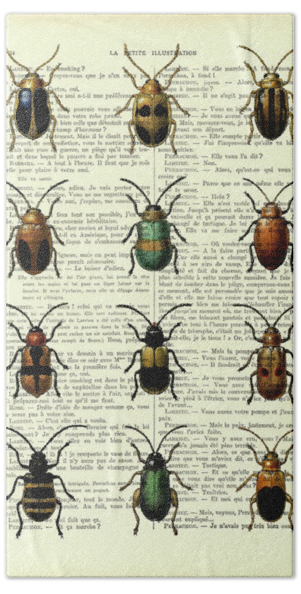 Beetle Bath Sheet featuring the digital art Beetle collection on antique French book page by Madame Memento