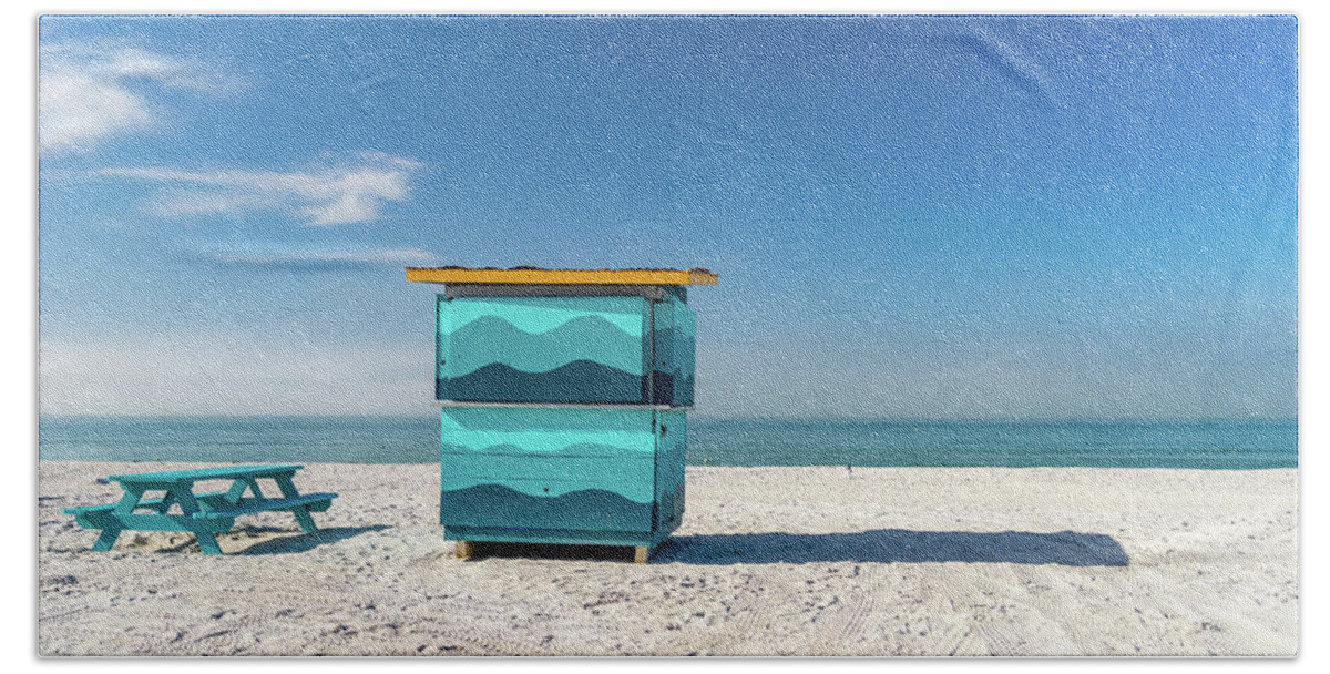 Color Image Horizontal St Pete Beach ×overcast ×morning ×beach ×gulf Of Mexico ×sand ×tranquility ×sea ×seascape ×florida - Us State ×beach Hut ×kiosk ×water ×photography ×seagull ×no People ×scenic - Nature ×coastline ×sky ×nature ×cloud - Sky ×travel ×hut ×lifeguard Hut ×travel Destinations × Hand Towel featuring the photograph Before the day Starts by Marian Tagliarino