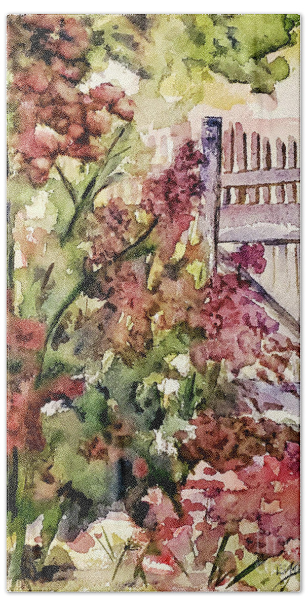 Flowers Hand Towel featuring the painting Behind the gate by Eileen Kelly