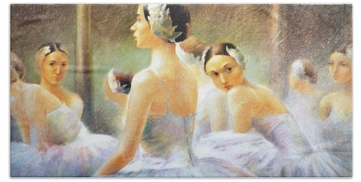 Ballerina Hand Towel featuring the painting Behind the scenes by Vali Irina Ciobanu