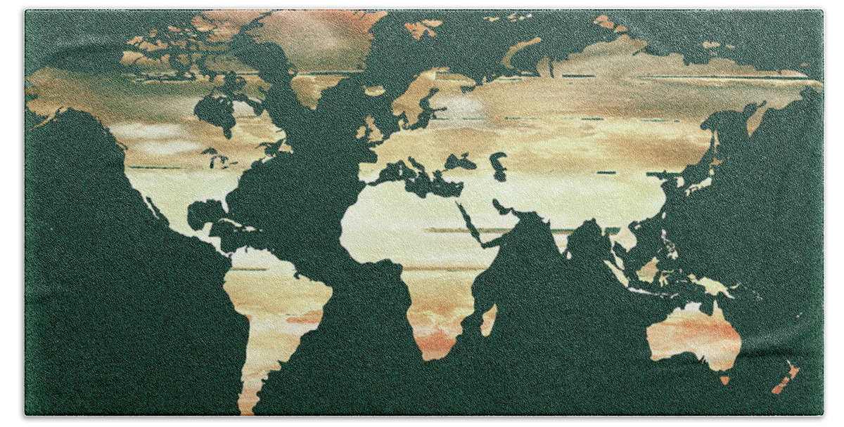 World Map Bath Towel featuring the painting Beige Marble On Dark Emerald Watercolor World Map by Irina Sztukowski