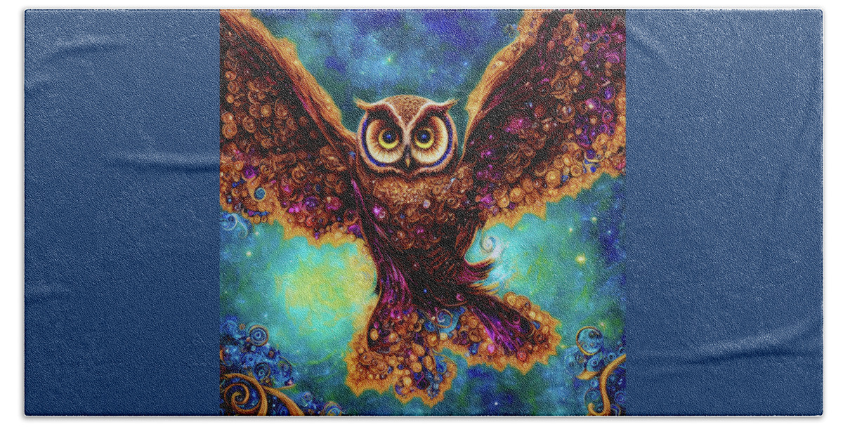Owls Bath Towel featuring the digital art Bejeweled Owl in Flight by Peggy Collins