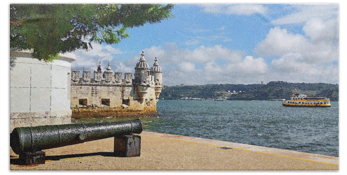 Fort Lisbon Bath Towel featuring the digital art Belem Tower of Saint Vincent Medieval Fort Cannon Boat Lisbon Portugal by Irina Sztukowski